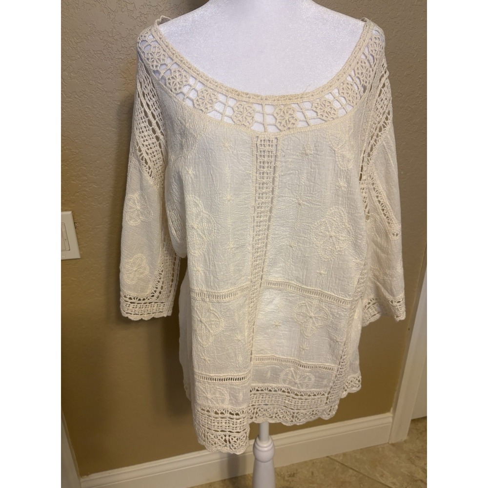 Democracy Cream‎ 3/4 Sleeve Crochet And Lace Top, Size Medium, Boho